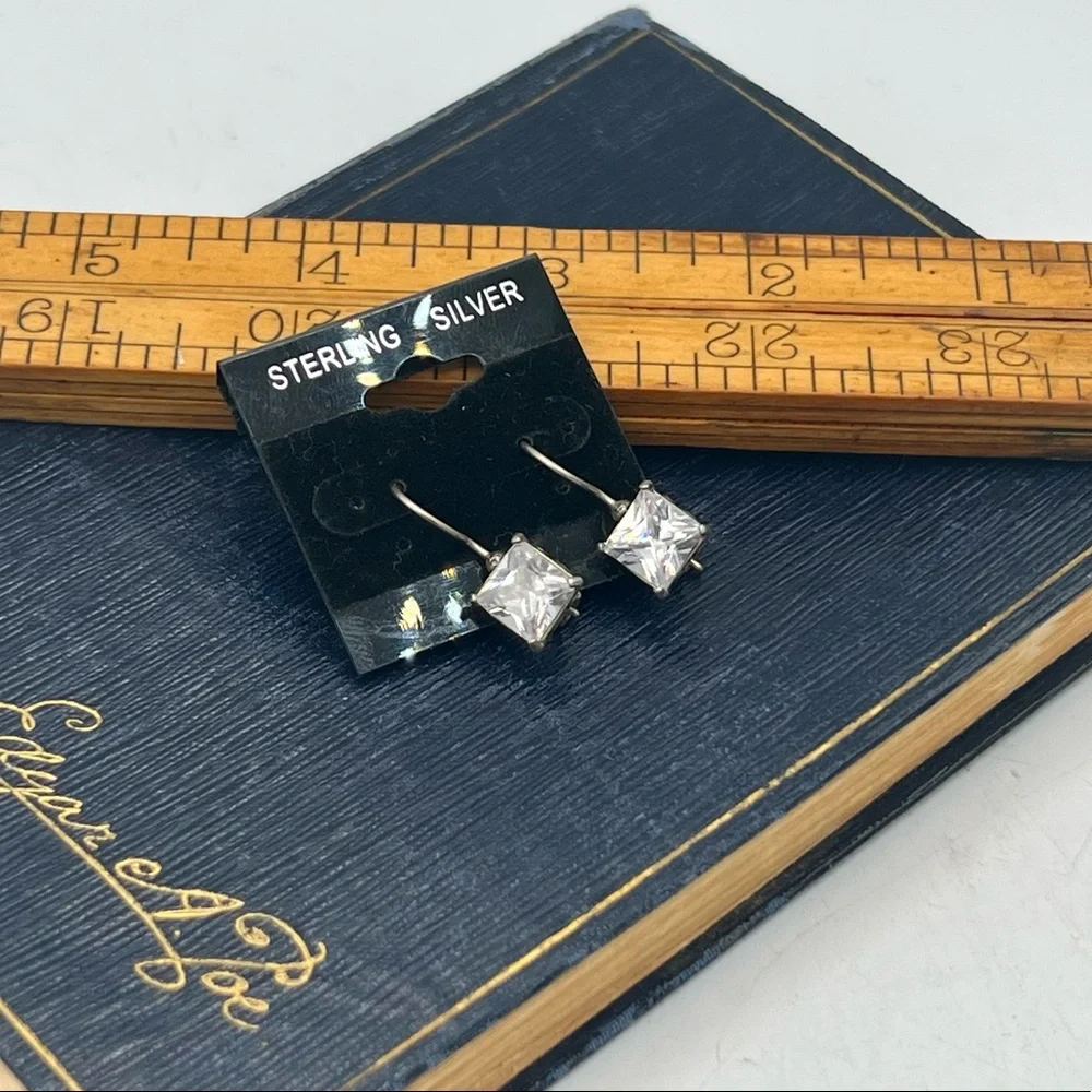 Simple artisan 925 silver shepherds hook rectangular clear rhinestone earrings